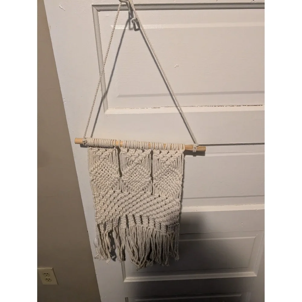 Boho Macrame Wall Hanging Cream Cotton Fringe Diamond Pattern Textile Art Decor